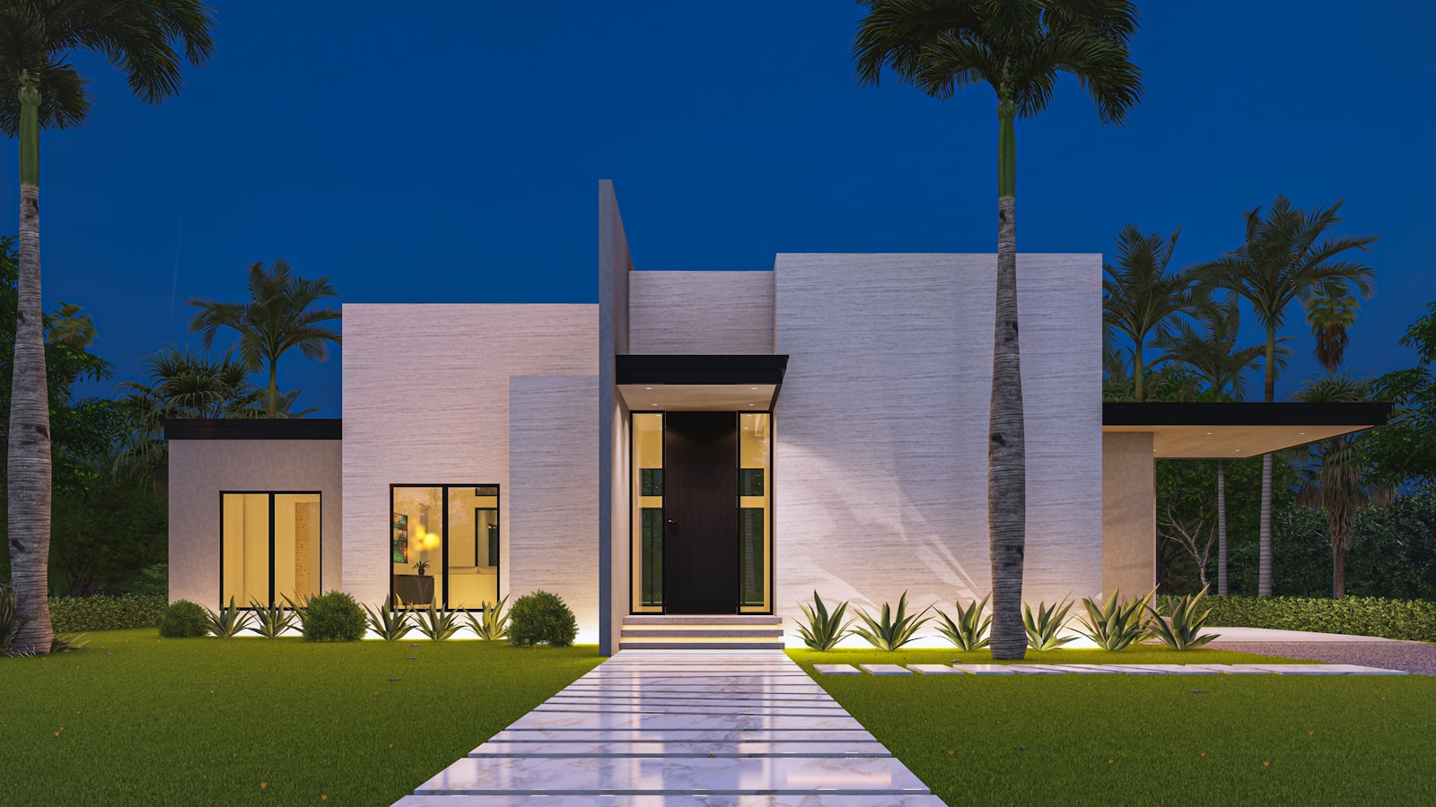 a modern house with a walkway leading to the front door